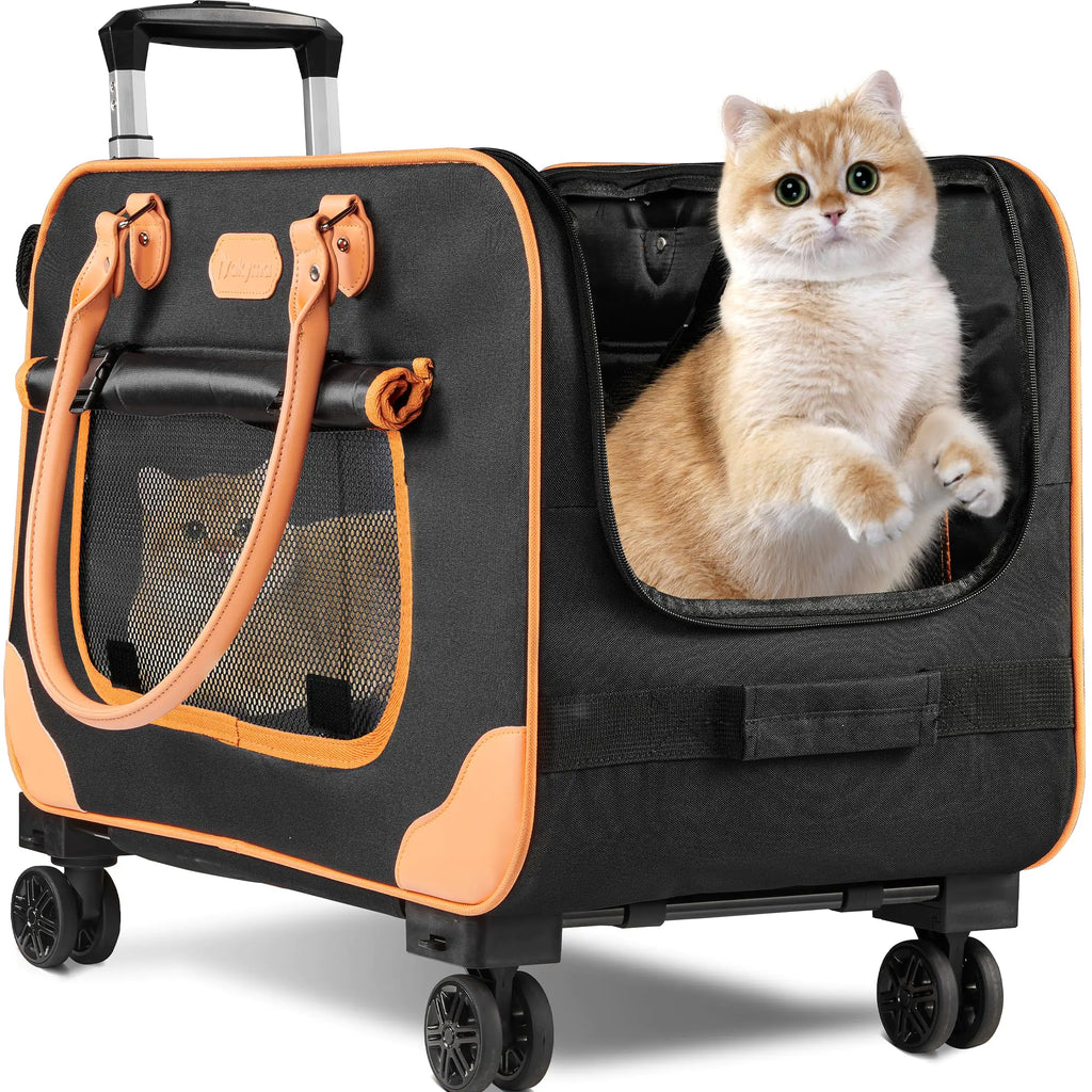 Large Cat Carrier with Wheels Rolling Cat Carrier 24.5"x 13.8"x 15.4" Pet Carrier with Wheels for Large Cats Small Dogs up to 38 LBS Ideal for Travel Walking and Camping(NOT for TSA)