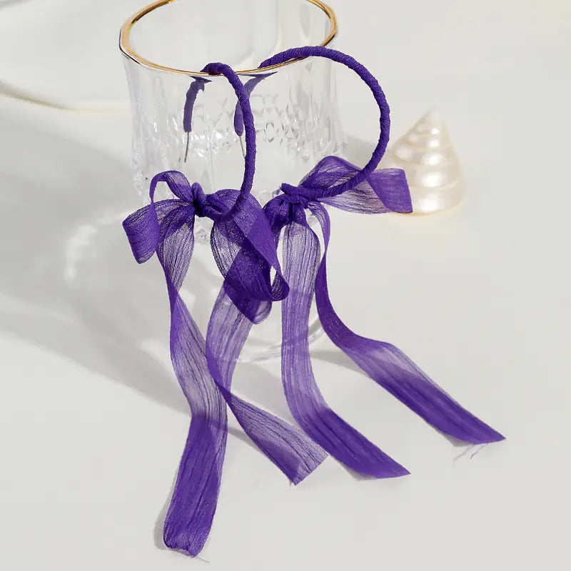 Silver Needle C-Shaped Earrings with Green Chiffon Bow