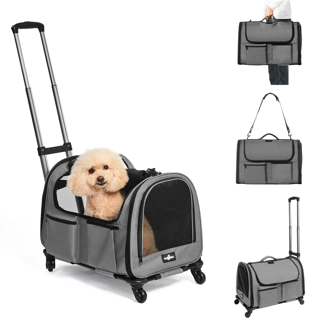 Paw Ballet Large Cat Carrier with Wheels Foldable Rolling Pet Dog Carrier with Wheels and Big Pocket Cat Carrier Travel Bag for 2 Cats Dogs Under 30 lbs for Outdoor Vet Visits Gray