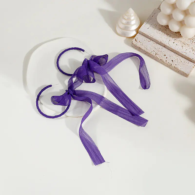 Silver Needle C-Shaped Earrings with Green Chiffon Bow